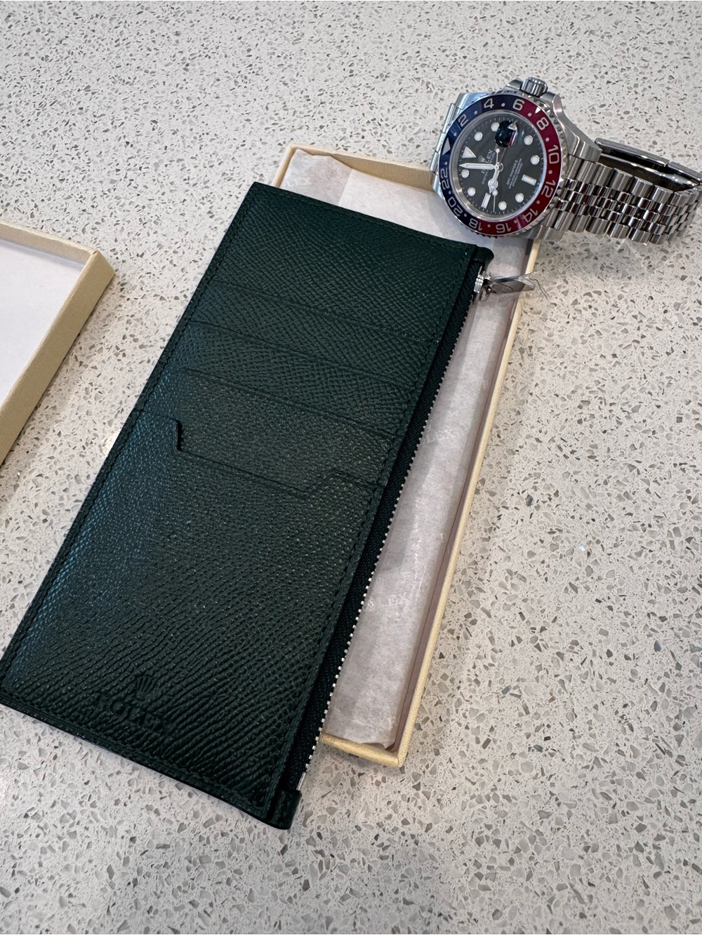 Rolex Dark Green Leather Zip Card Holder